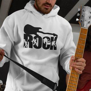 🆕Guitar Rock White Fleece Pullover Hoodie Sweatshirt